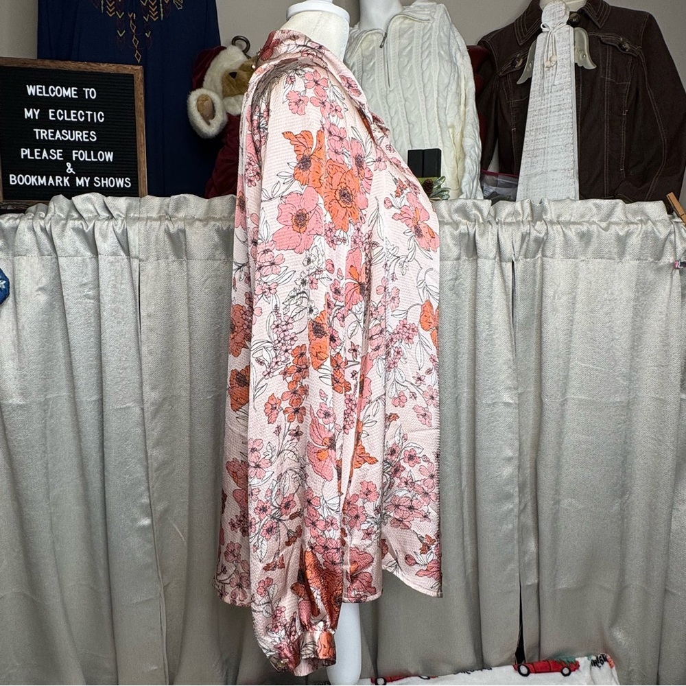 Liz Claiborne Blush Floral Crinkle Blouse XL Tie Neck Long Sleeve - Picture 6 of 10